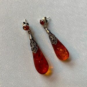 Vintage Amber & Silver Drop Earrings